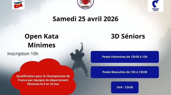 Le samedi 25 avril 2026 Au dojo de Mourenx le matin open kata minimes et après-midi championnat 3e division Séniors avec sélection excellence ou honneur plus UV4
